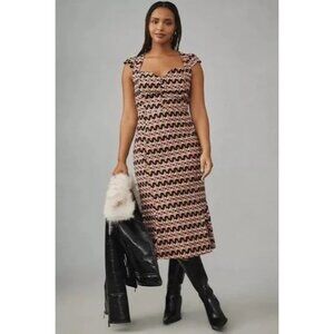 Anthropologie Cecily Fit & Flare Brown Multi Chevron Ruffle-Sleeve Midi Dress XL